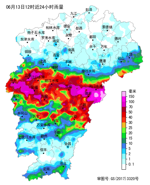 ▲6月13日12时近24小时雨量图（来源：江西省气象局网站）